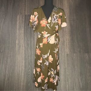 MOD REF Olive Floral Wrap Dress – One Size – Boho Midi